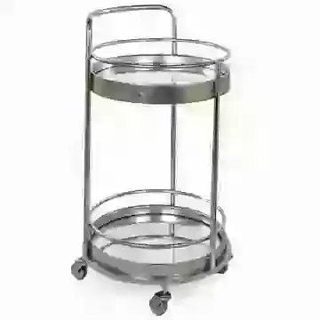 Small Round Silver Drinks Trolley with 2 Mirrored Glass Shelves